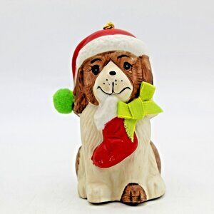 Dog Porcelain Christmas Ornament Holly Bells Handcrafted Hand Painted Vintage
